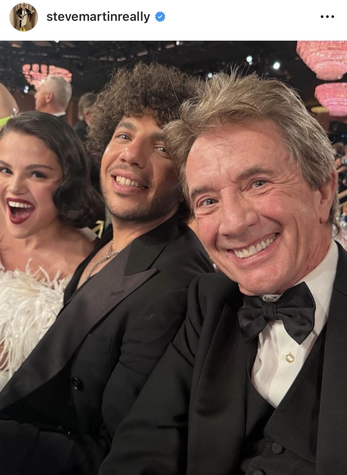 Steve Martin shares a picture of Martin Short, Selena Gomez and Benny Blanco at the Golden Globes