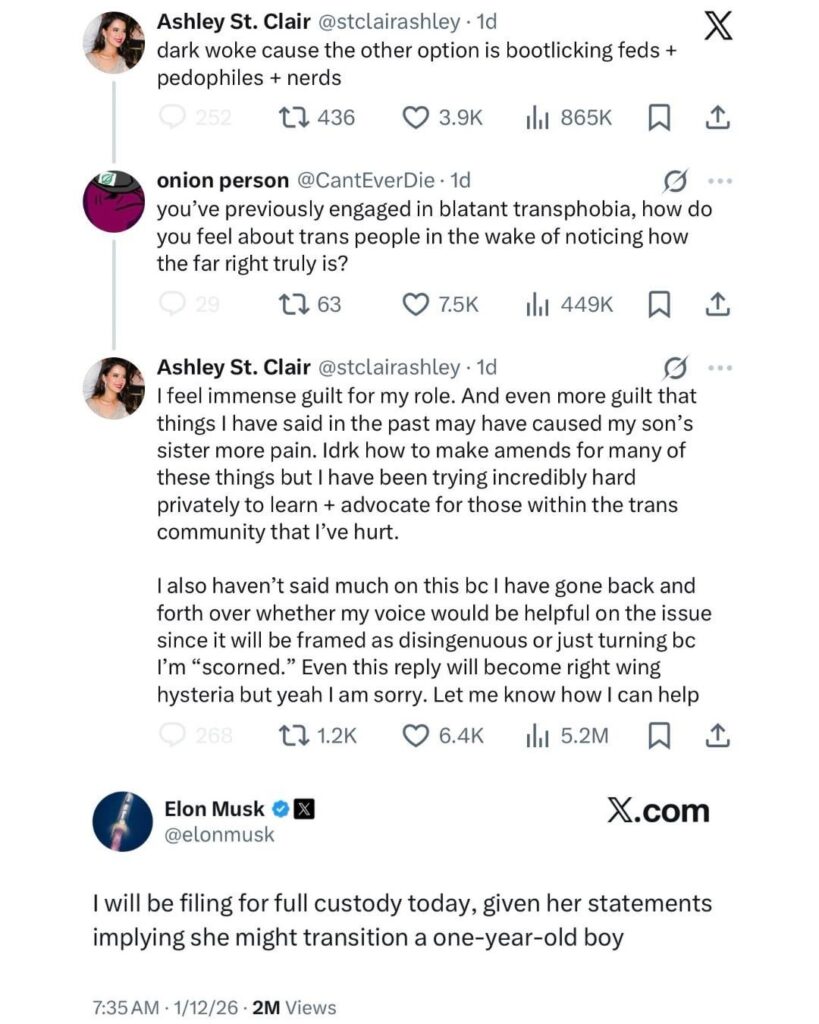 Elon Musk says he's filing for full custody of son with Ashley St. Clair after she changes her views to support trans community: “Idrk how to make amends for many of these things but I have been trying incredibly hard privately to learn + advocate for those within the trans community that I’ve hurt”