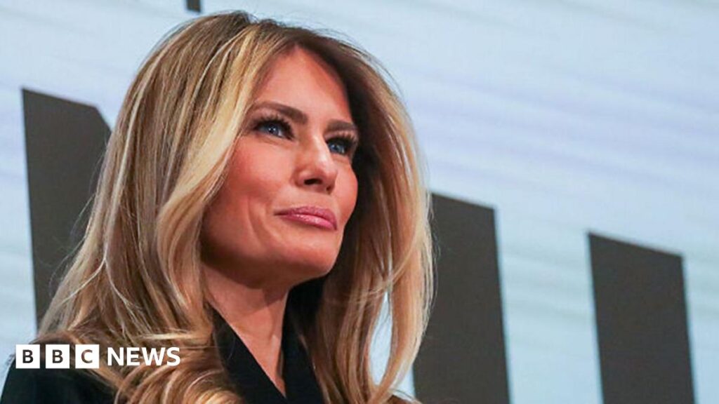 Melania Trump documentary not being shown in South African cinemas A head and shoulders shot of Melania Trump seen from beneath her as she stands on a balcony. The word 'film' can be seen behind her.