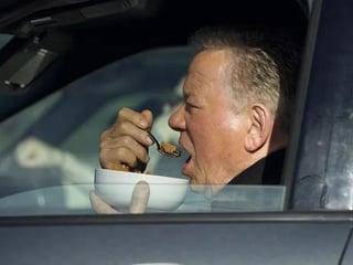 [TMZ] 94-year-old Star Trek legend William Shatner was spotted eating a bowl of cereal in his car while waiting at a stop light in LA.