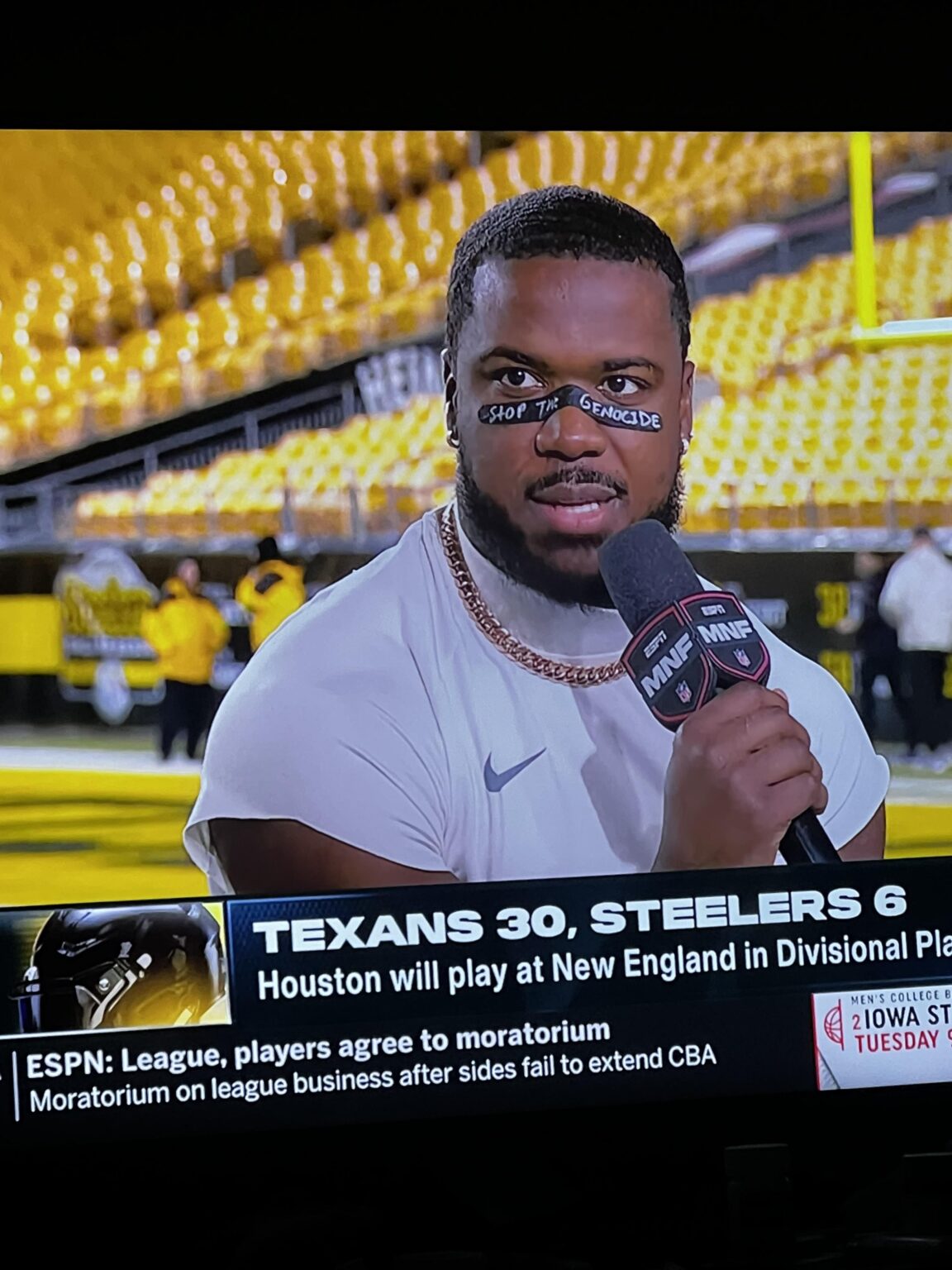 Texans LB Aziz Al-Shaair being a real one postgame on Scott Van Pelt “Stop The Genocide”