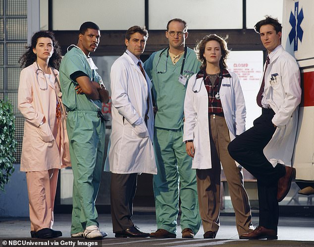 (l-r) Julianna Margulies as Nurse Carol Hathaway; Eriq La Salle as Doctor Peter Benton; Clooney as Doctor Doug Ross; Anthony Edwards as Doctor Mark Greene; Sherry Stringfield as Doctor Susan Lewis; Wyle as Doctor John Carter
