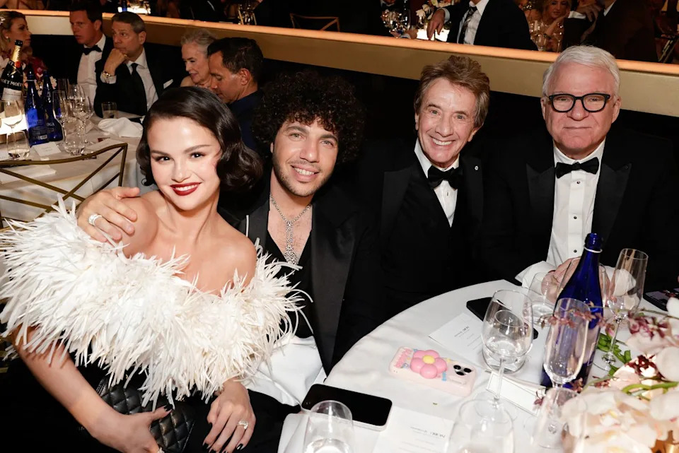 Francis Specker/CBS Selena Gomez, Benny Blanco, Martin Short and Steve Martin at the Golden Globes