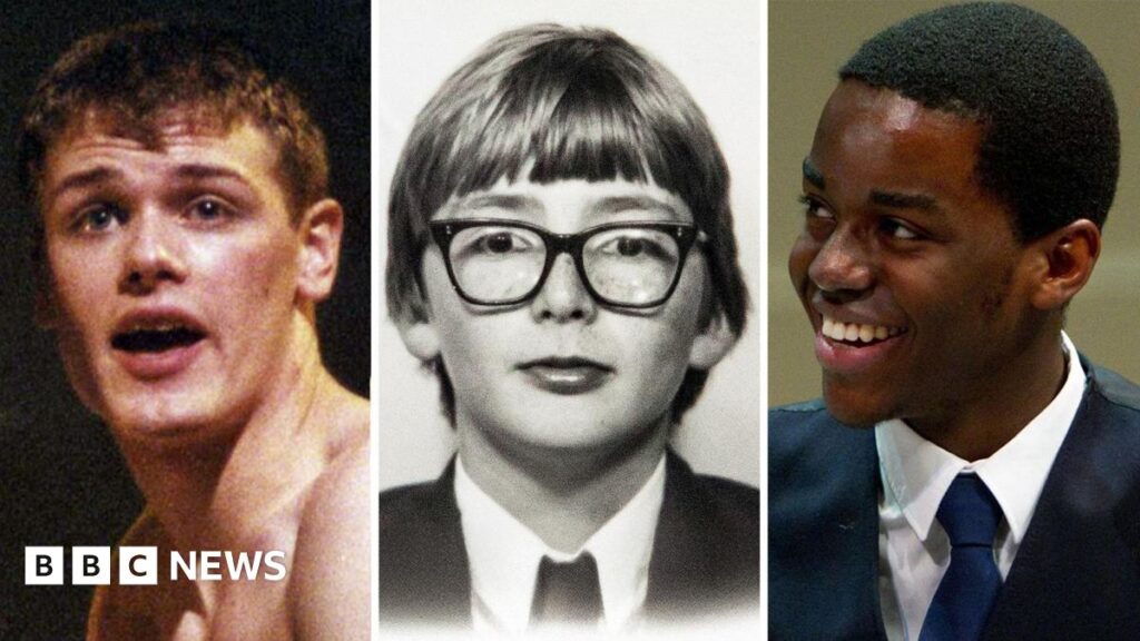 From Harry Potter to Doctor Who – new pictures show stars before they were famous Three side-by-side portraits: the left shows a shirtless person against a dark background, the center is a black-and-white photo of a person wearing a suit and tie, and the right shows a person in a formal suit with a white shirt and dark tie.