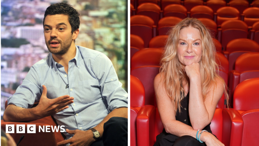 Dominic Cooper, shown talking during an interview looking past the camera, on the left, and Sarah Hadland shown sitting on a red chair with her legs crossed, looking straight at the camera, on the right.