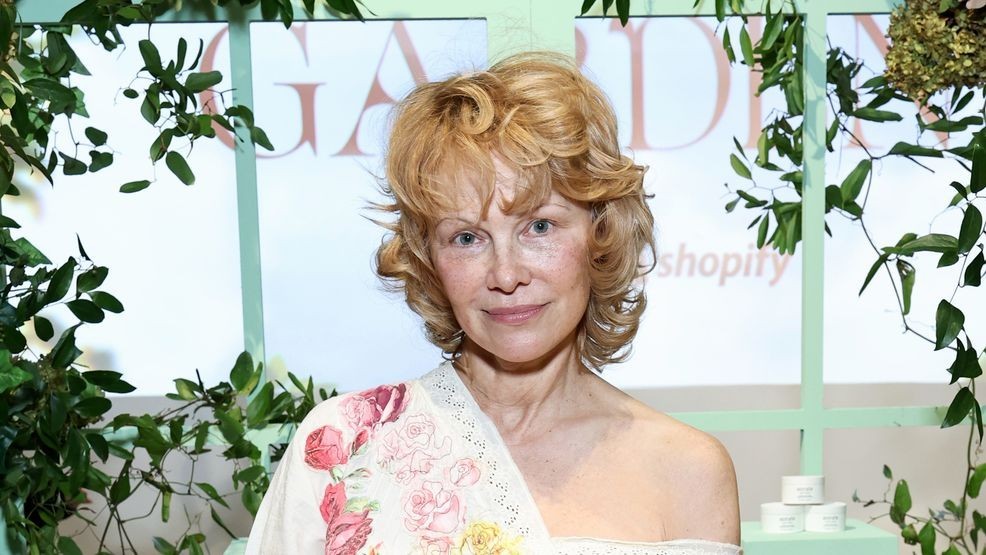 NEW YORK, NEW YORK - OCTOBER 24: Pamela Anderson poses inside Pamela Anderson's "Sonsie Garden" with Shopify on October 24, 2025 in New York City.  (Photo by Jamie McCarthy/Getty Images for Shopify)