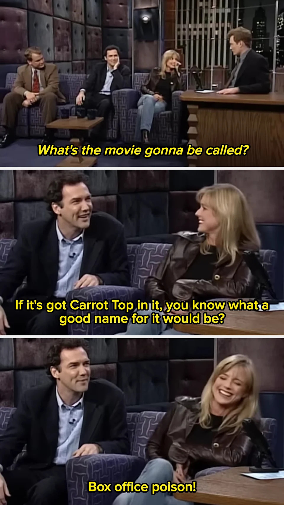 Three people laughably discuss a movie title on a late-night talk show set. A joke is made about a potential title referring to "Carrot Top" as "box office poison."