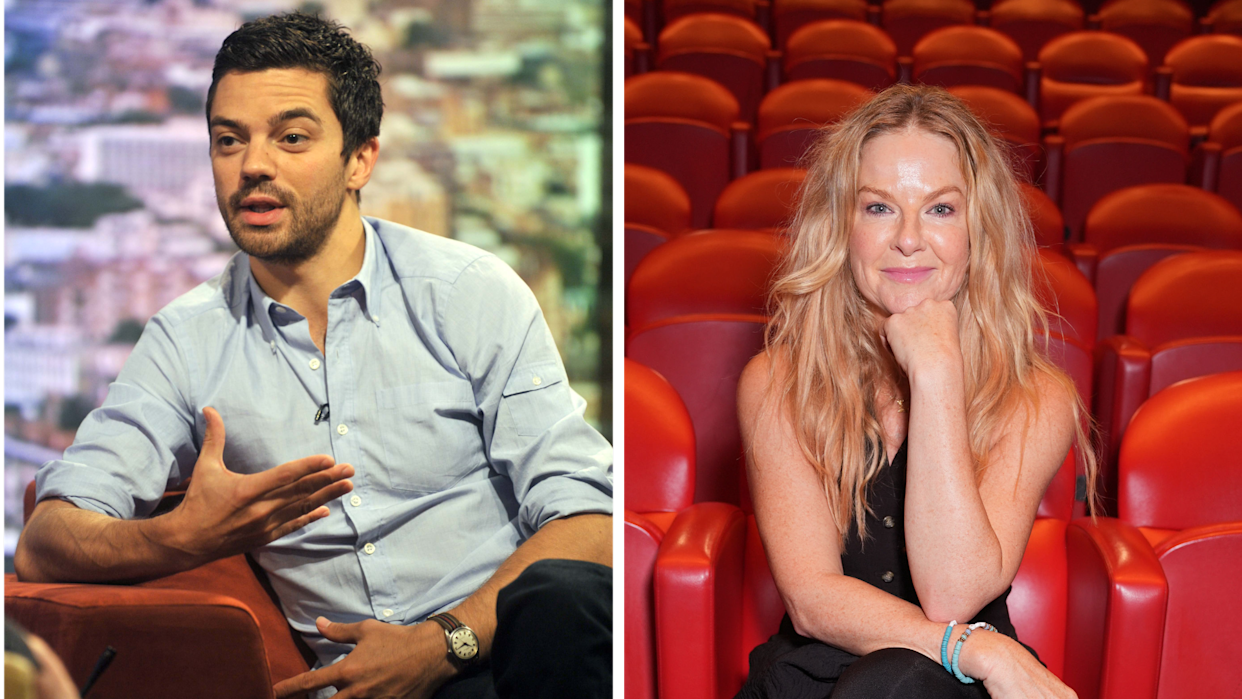 Dominic Cooper, shown talking during an interview looking past the camera, on the left, and Sarah Hadland shown sitting on a red chair with her legs crossed, looking straight at the camera, on the right.