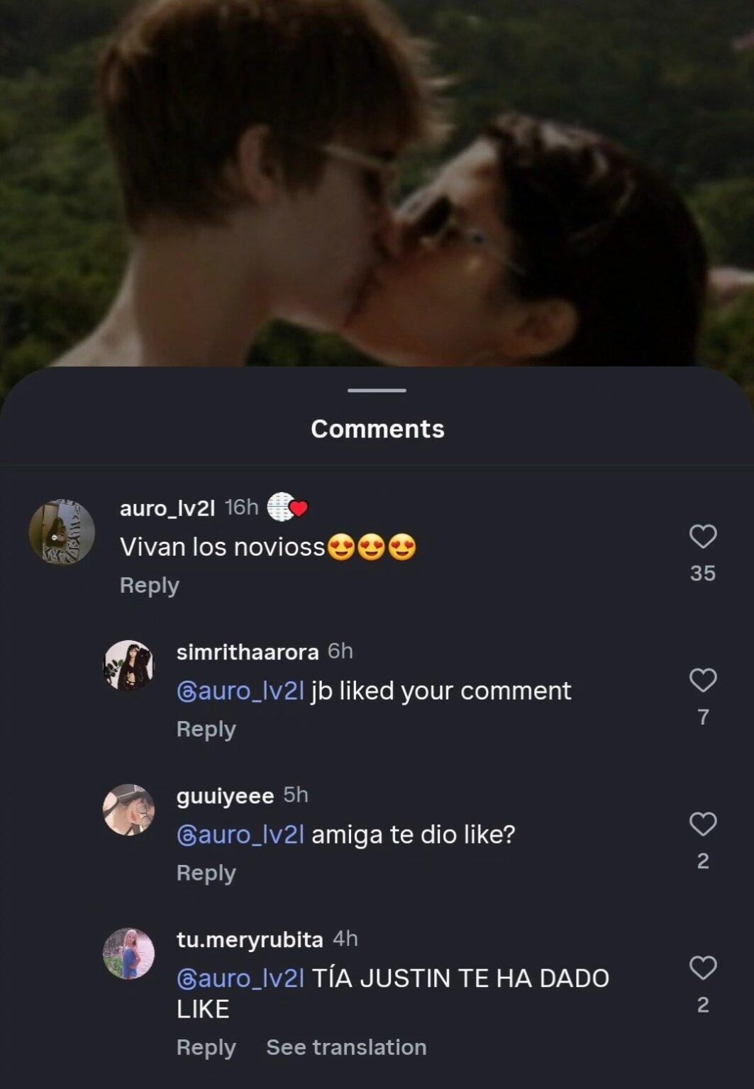 Justin Bieber liking a comment on throwback post with Selena Gomez.