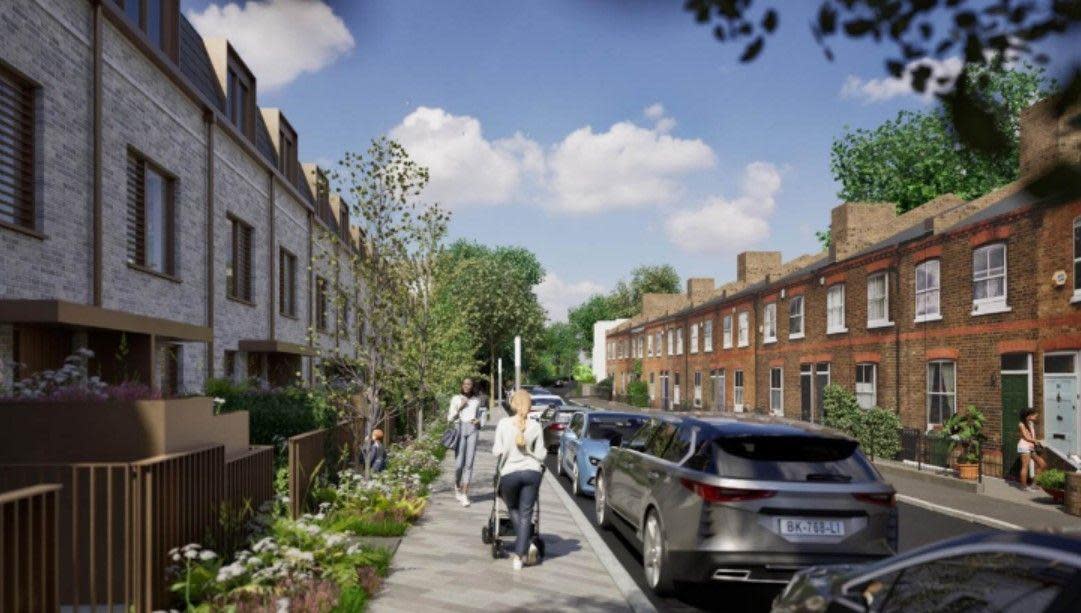 View from the pavement next to the new housing development. Image shows another artist's impression of the new block of flats, this time from the pavement, behind a woman pushing a buggy and next to a row of parked cars.
