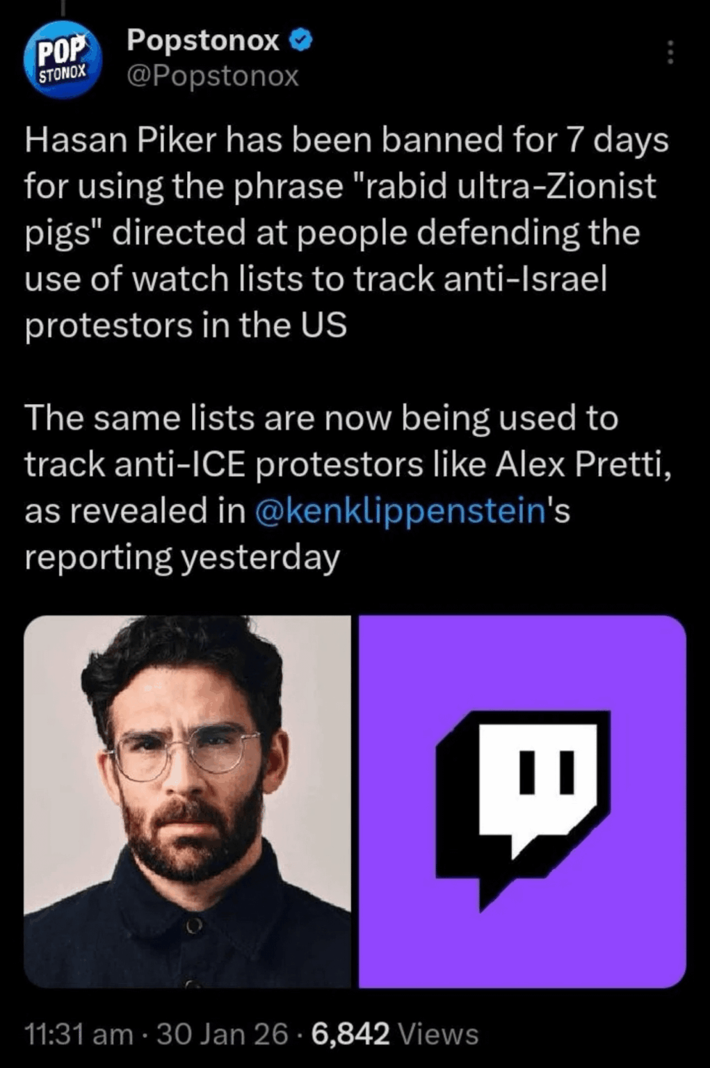 Hasan Piker got a 7 day ban for calling the defenders of government watchlists "pigs"