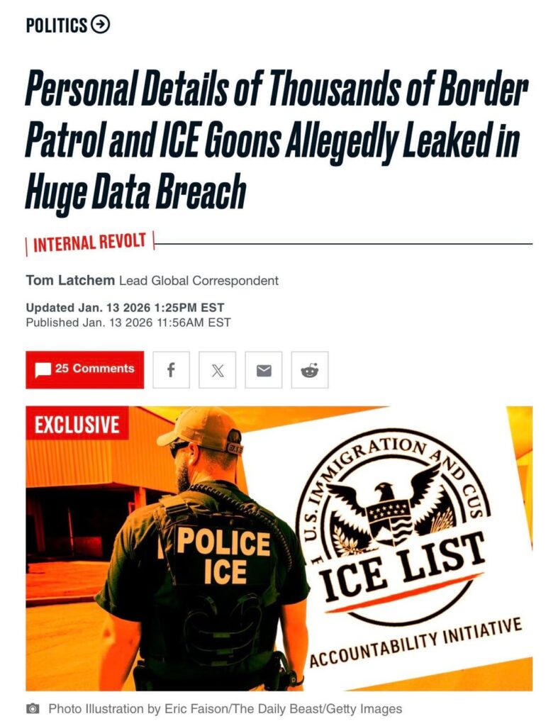 Personal Details of Thousands of Border Patrol & ICE Goons Allegedly Leaked in Huge Data Breach | A DHS whistleblower appears to have exposed the data (names, work emails, telephone numbers, roles & some resumé data) on around 4.5k federal immigration workers after the shooting of Renee Nicole Good.