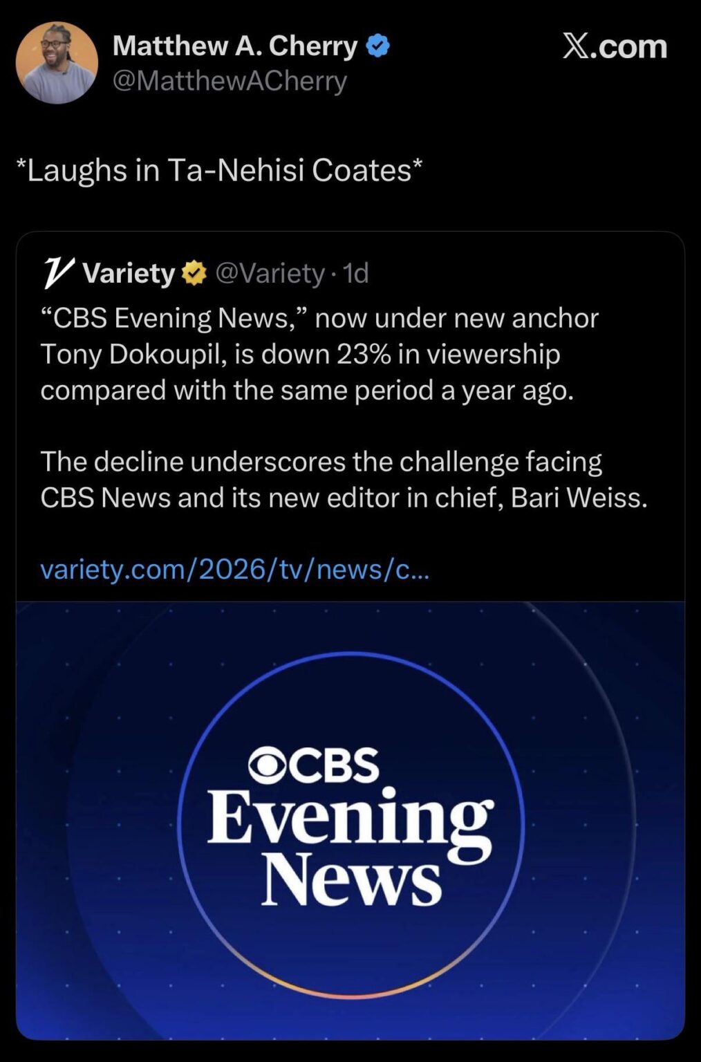 “CBS Evening News,” now under new anchor Tony Dokoupil, is down 23% in viewership compared with the same period a year ago. The decline underscores the challenge facing CBS News and its new editor in chief, Bari Weiss.