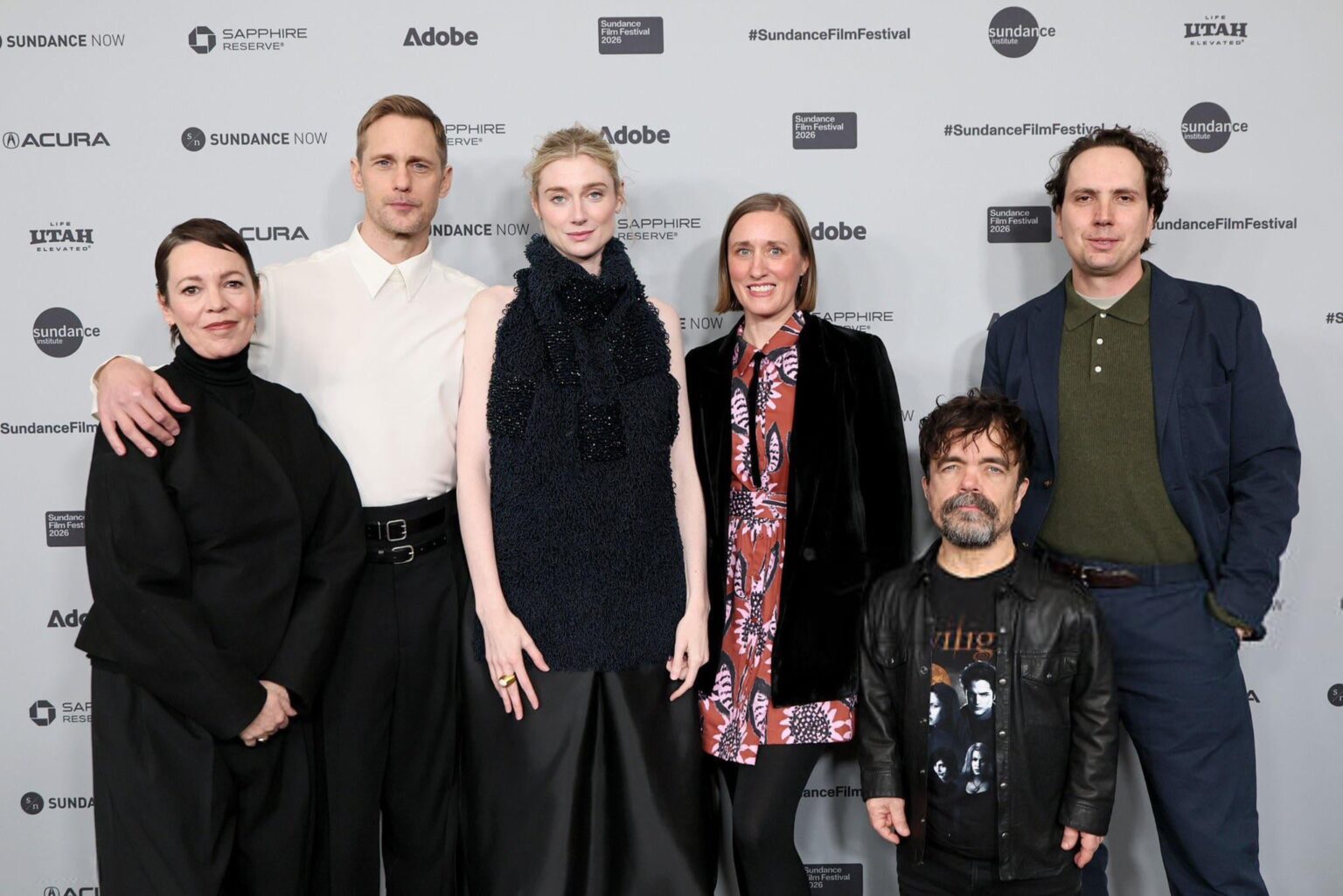 Elizabeth Debicki, Alexander Skarsgård, Olivia Colman and Peter Dinklage (wearing a Twilight shirt) at the premiere of ‘Wicker’ at the Sundance Film Festival (January 24, 2026)