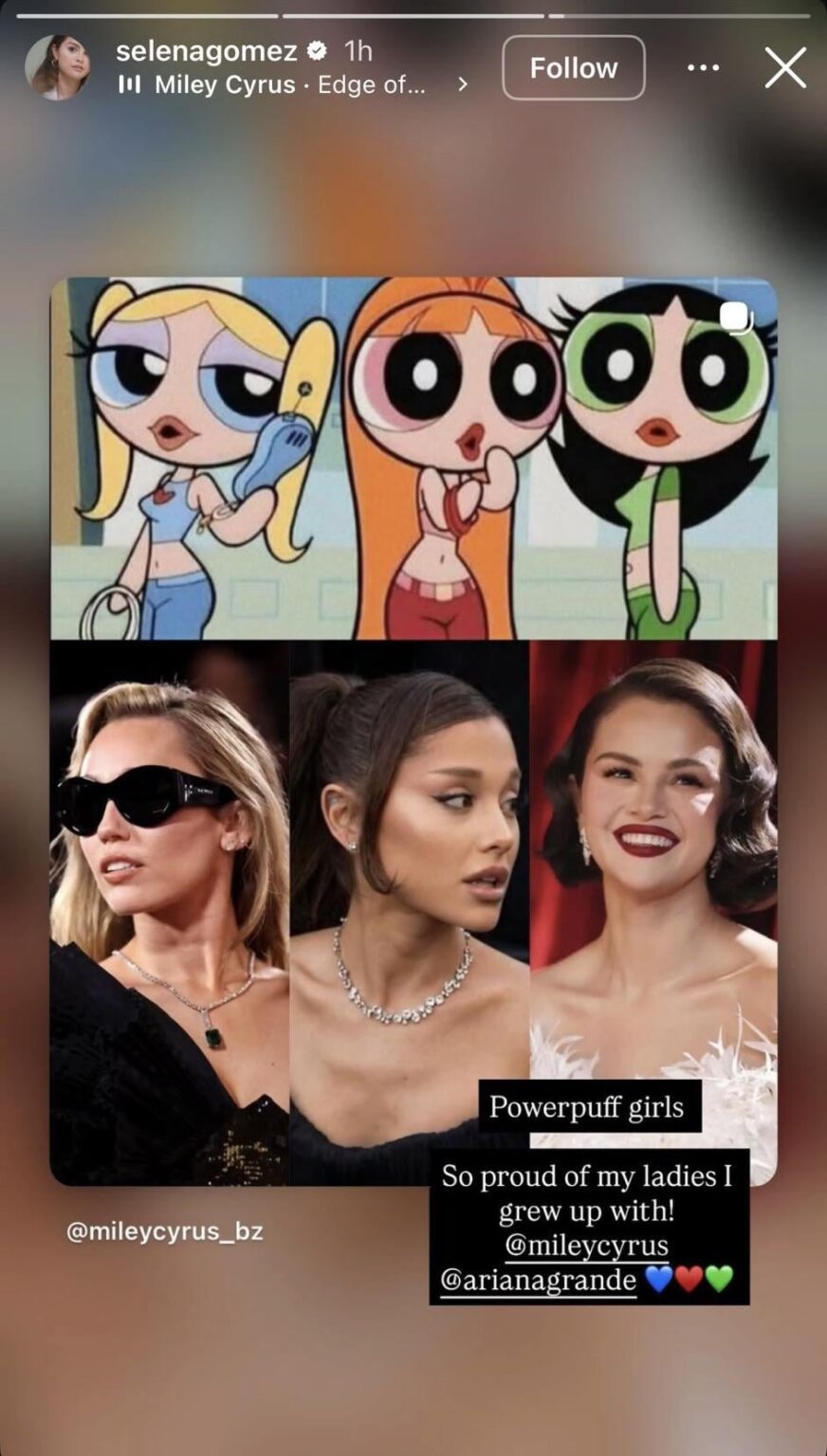 Selena Gomez shares a Powerpuff Girls fan edit of herself, Ariana Grande and Miley Cyrus at the Golden Globes: “So proud of my ladies I grew up with!”