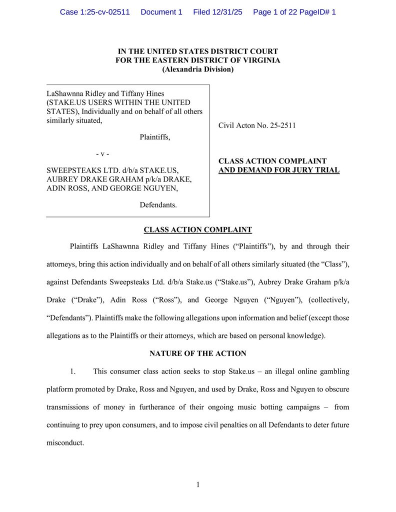 Drake & Adin Ross have been named defendants in a federal RICO class action suit. It claims that they used Stake’s “tipping” system to move large sums of money, including a public $100k tip between Drake & Ross, to fund artificial streaming (‘botting’) to create fraudulent streams of Drake’s music.