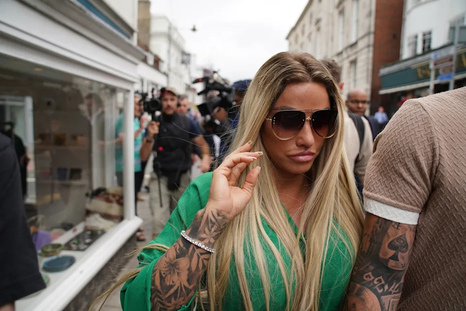 Katie Price leaves Lewes Crown Court, East Sussex, where she was sentenced to an 18-month community order with 150 hours of community service with an additional 20 hours for breach of a suspended sentence for driving matters. She was also ordered to pay £1,500 court costs.for breaching a restraining order. The 44-year-old former glamour model plead guilty to sending abusive messages to ex-husband Kieran Hayler about his new partner Michelle Penticost on January 21 this year. Picture date: Friday June 24, 2022. (Photo by Gareth Fuller/PA Images via Getty Images)