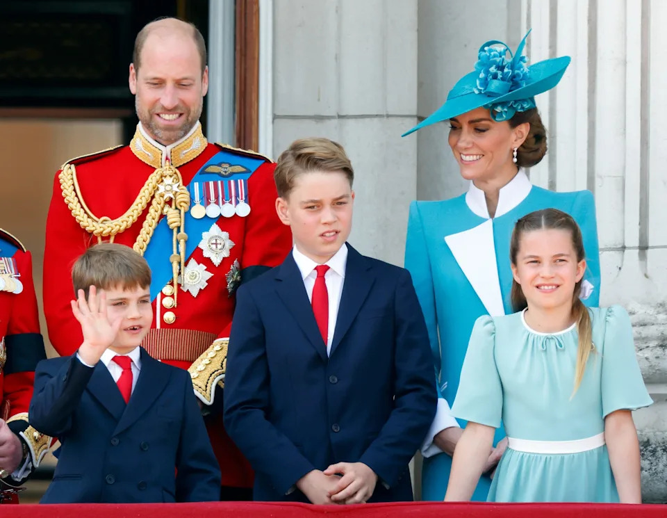 LONDON, UNITED KINGDOM - JUNE 14: (EMBARGOED FOR PUBLICATION IN UK NEWSPAPERS UNTIL 24 HOURS AFTER CREATE DATE AND TIME) Prince William, Prince of Wales (Colonel of the Welsh Guards), Prince Louis of Wales, Prince George of Wales, Catherine, Princess of Wales and Princess Charlotte of Wales watch an RAF flypast from the balcony of Buckingham Palace after attending Trooping The Colour 2025 on June 14, 2025 in London, England. Trooping the Colour, also known as The King's Birthday Parade, is a military ceremony to mark the official birthday of the British Sovereign. The ceremony, which takes place at Horse Guards Parade followed by a flypast over Buckingham Palace, was first performed in the mid-17th century during the reign of King Charles II. The parade features all seven regiments of the Household Division with Number 7 Company Coldstream Guards being the regiment this year having their Colour Trooped. (Photo by Max Mumby/Indigo/Getty Images)