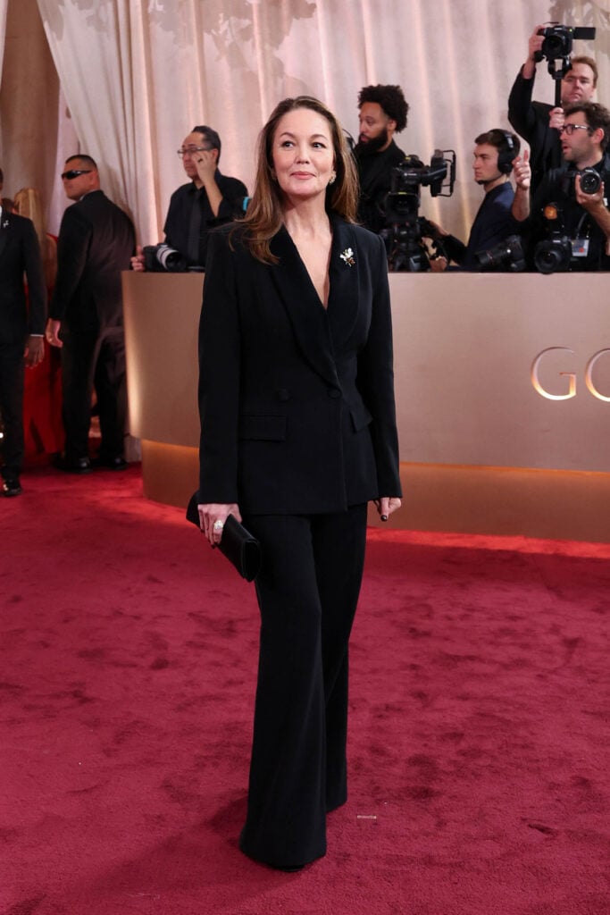 Diane Lane, 2026 Golden Globe Awards, Sergio Hudson suit, black tailored suit, Golden Globes red carpet, celebrity red carpet fashion