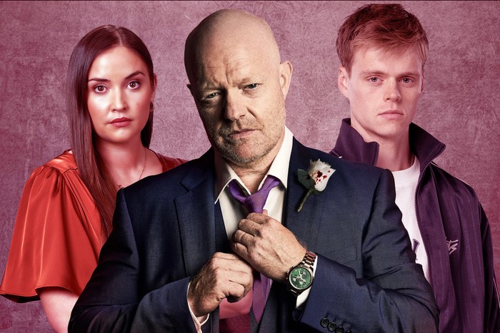 A composite image of Jacqueline Jossa as Lauren Beale, Jake Wood as Max Branning, and Pierre Counihan-Moullier as Oscar Branning for EastEnders. All bar Max is tinged red.