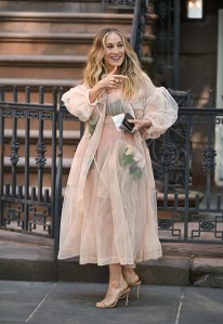 NEW YORK, NEW YORK - MAY 21: Sarah Jessica Parker is seen on the set of "And Just Like That..." Season 3, the follow up series to "Sex and the City" in Gramercy Park on May 21, 2024 in New York City. (Photo by James Devaney/GC Images)