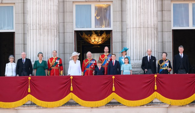 The Royal Family stood in a line on the balcony of Buckingham Palace.