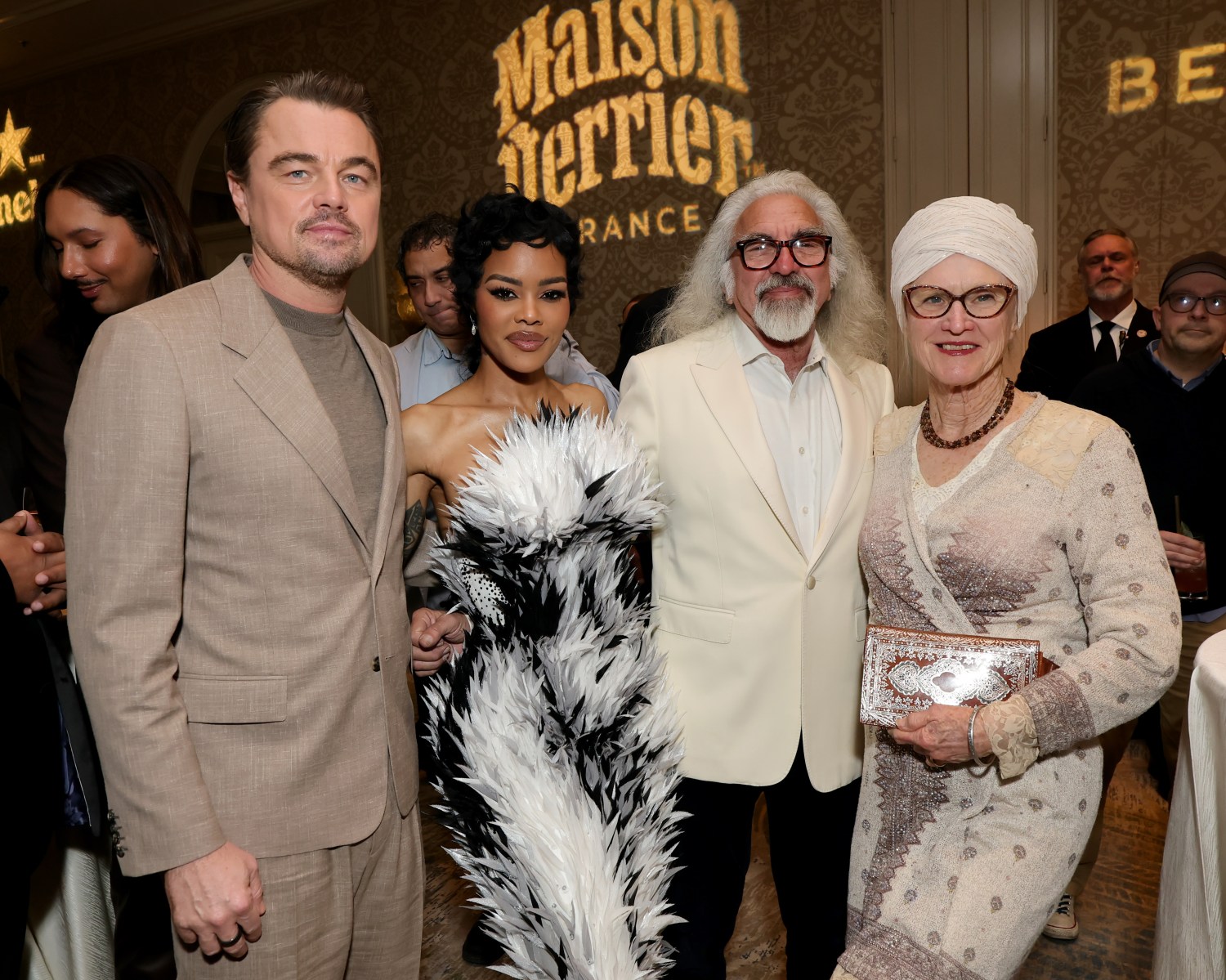 Teyana Taylor with Leonardo DiCaprio and his parents, George and Peggy DiCaprio attend The BAFTA Tea presented by Delta Air Lines and Virgin Atlantic & sponsored by Bentley Beverly Hills, The Four Seasons, Don Julio, Heineken, Maison Perrier, and Threads at Four Seasons Hotel Los Angeles at Beverly Hills on January 10, 2026 in Los Angeles, California.