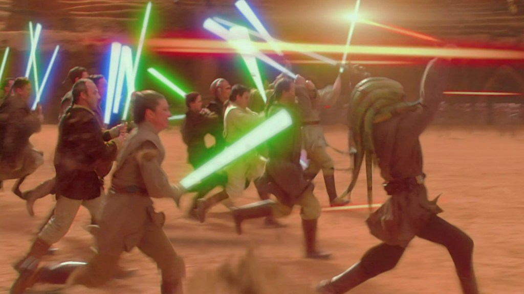 Jedi wielding lightsabers at the Battle of Geonosis in Star Wars Attack of the Clones