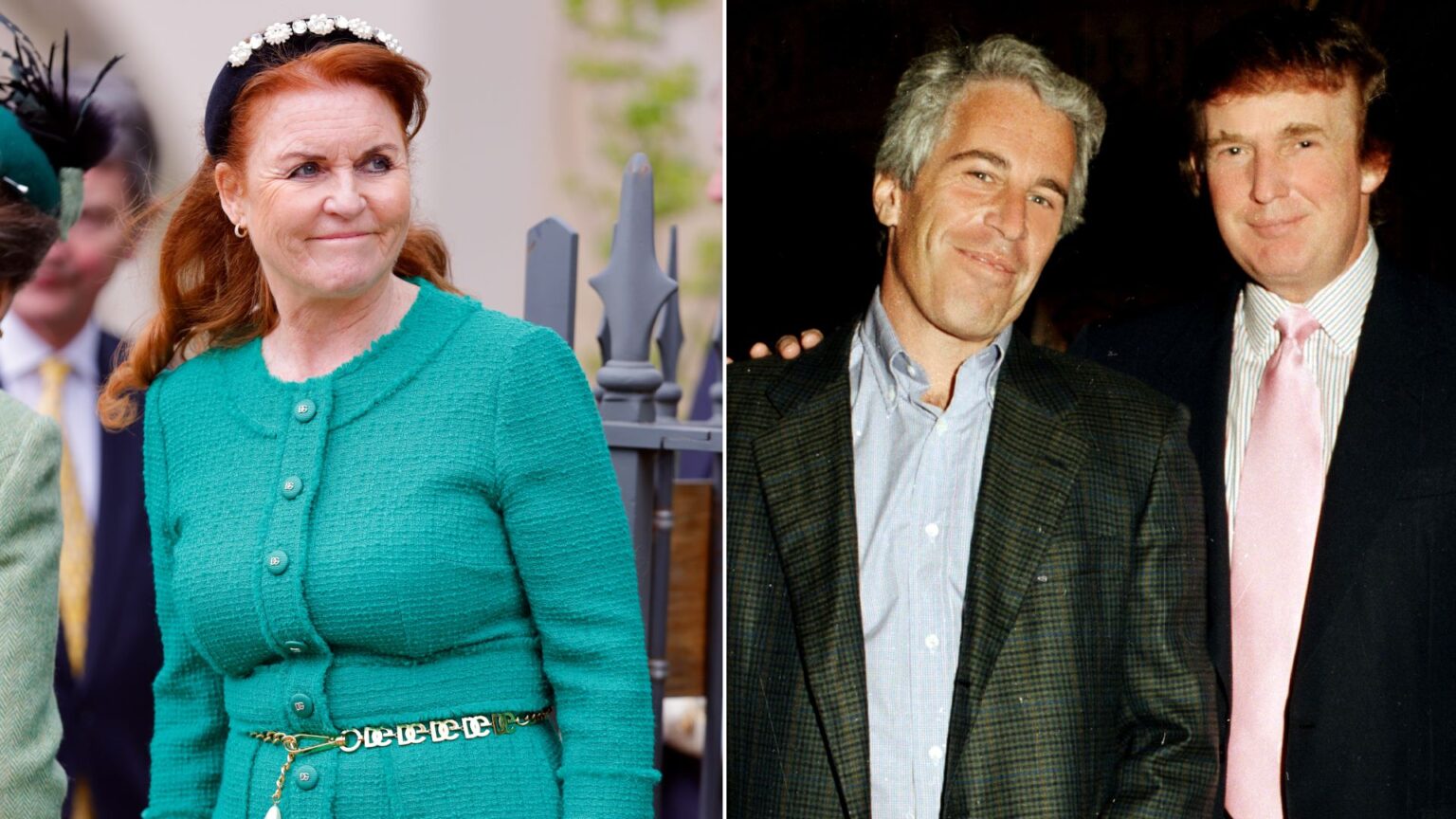 Sarah Ferguson wears a green dress and disgraced American financier Jeffrey Epstein and Donald Trump at the Mar-a-Lago estate, Palm Beach, Florida on February 22, 1997