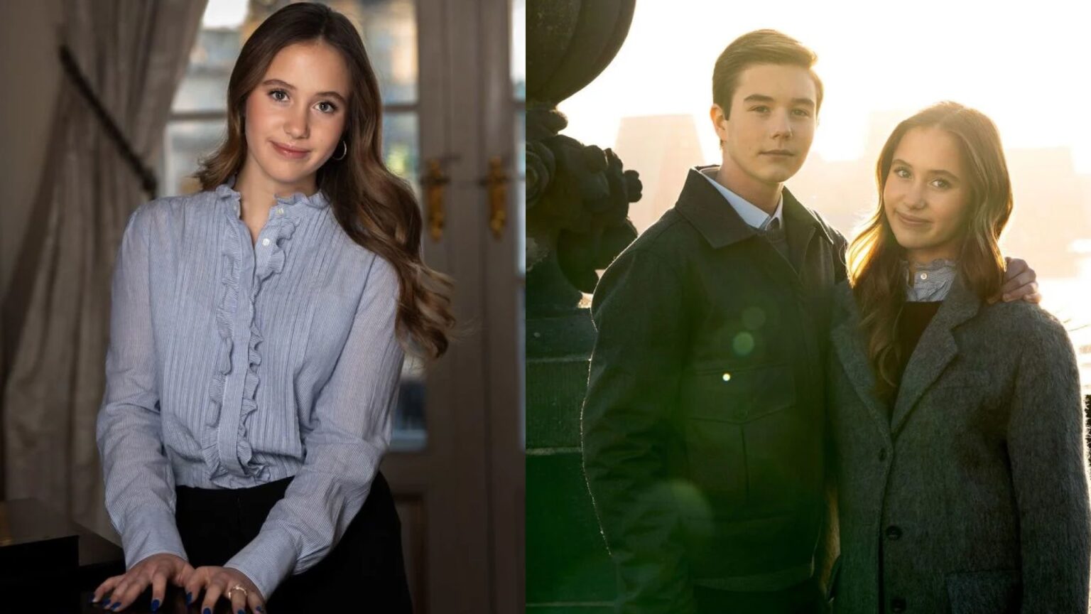 Queen Mary and King Frederik’s Daughter Shows Off a Surprising Royal Manicure in 15th Birthday Photo With Twin Brother Princess Josephine wearing a blue blouse and posing with her hands on a table; Prince Vincent and Princess Josephine wearing coats and smiling at sunset