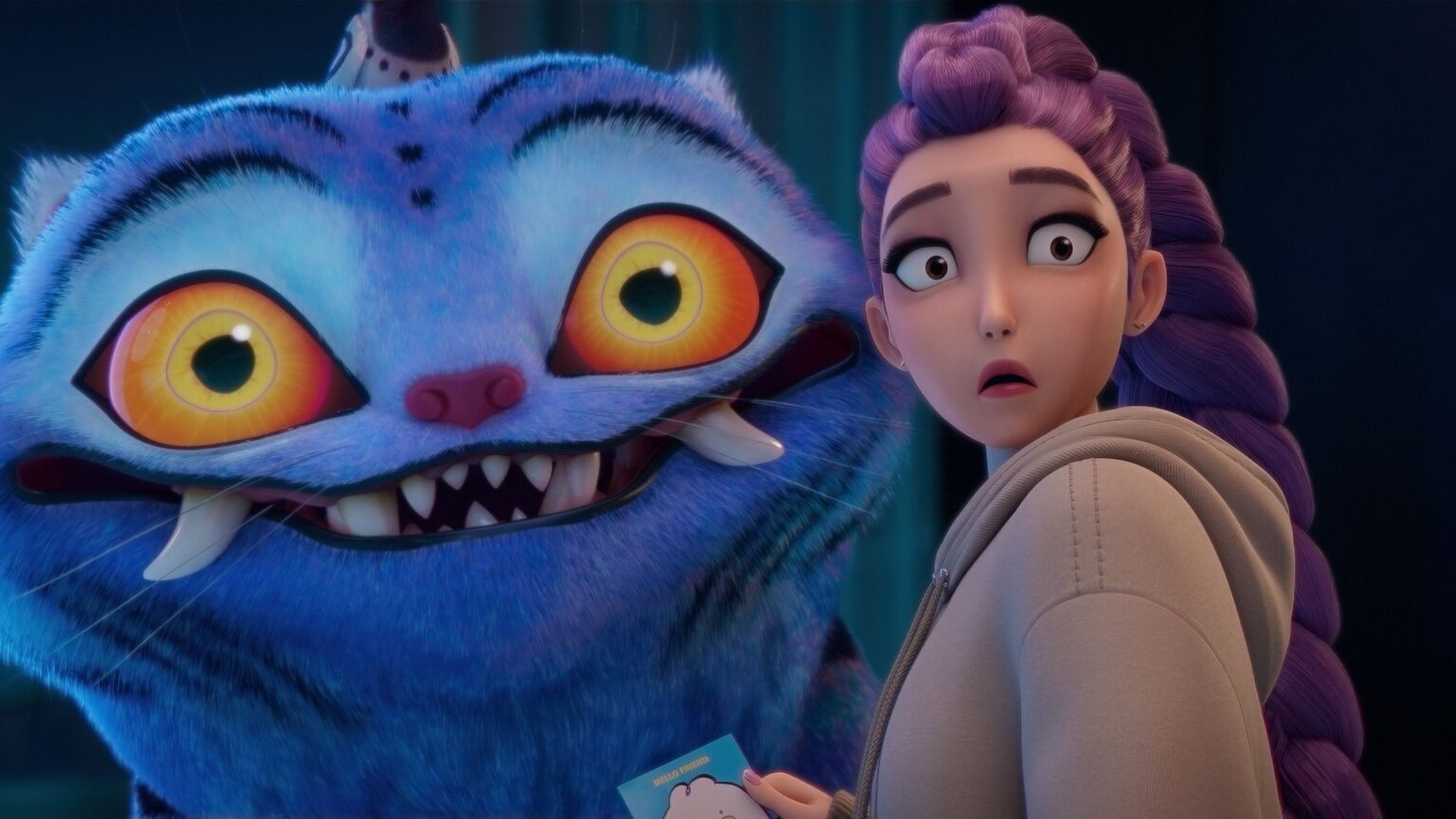 KPop Demon Hunters still of Rumi and the blue demon tiger