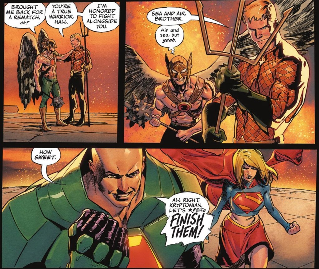 Lex Luthor and Supergirl vs Aquaman and Hawkman in DC KO #3