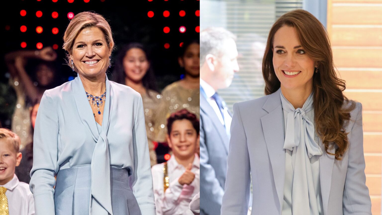 Queen Maxima wearing a blue tie-neck blouse and skirt smiling on stage; Princess Kate wearing a blue tie-neck blouse and coat