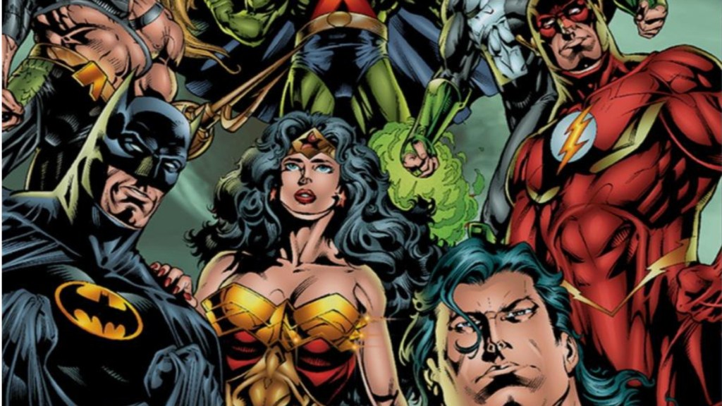 Batman, Wonder Woman, Superman, and the FLash, with Aquaman, Green Lantern, and Martian Manhunter