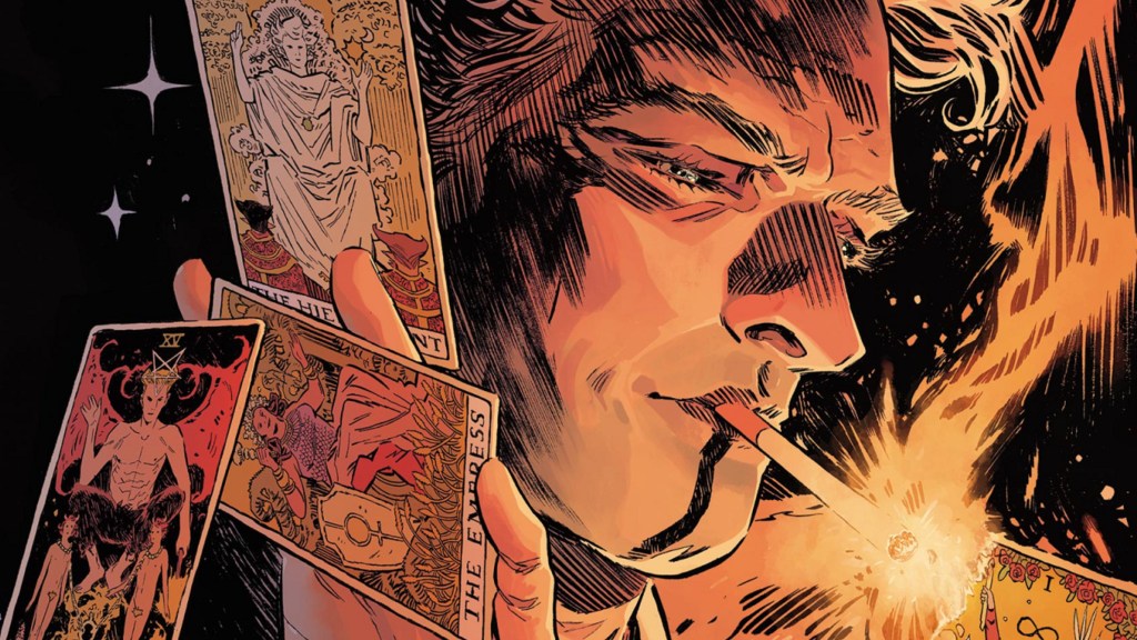 John Constantine smoking and holding tarot cards