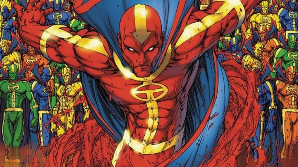 Red Tornado in front of blue, yellow, and green tornados