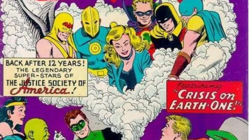 The Justice Society appearing in smoke above the Justice League