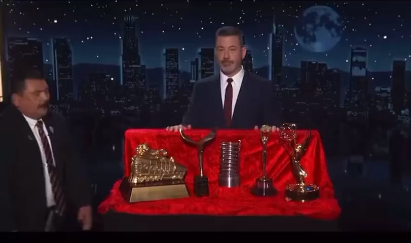 After Machado gave away her Nobel Prize to Trump, Jimmy Kimmel lists all his awards and offers to let Trump have one of his trophies if he promises to pull ICE out of Minneapolis.