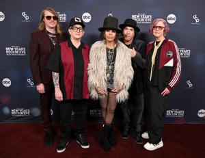 In this image released on December 31, 2025, Nick Maybury, Christa Hillhouse, Linda Perry, Roger Rocha and Dawn Richardson of 4 Non Blondes arrives at "Dick Clark's New Year's Rockin' Eve with Ryan Seacrest" 2026.