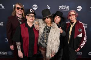 In this image released on December 31, 2025, Nick Maybury, Christa Hillhouse, Linda Perry, Roger Rocha and Dawn Richardson of 4 Non Blondes arrives at "Dick Clark's New Year's Rockin' Eve with Ryan Seacrest" 2026.