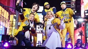 Ryan Seacrest and Rita Ora with the Savannah Bananas during "Dick Clark's New Year's Rockin' Eve With Ryan Seacrest 2026" held in Times Square Ball on December 31, 2025 in New York City, New York.