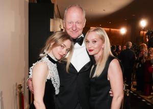 Amanda Seyfried, Stellan Skarsgård and Mona Fastvold at Golden Eve: The Golden Globes Honor Helen Mirren & Sarah Jessica Parker at The Beverly Hilton on January 06, 2026 in Beverly Hills, California.