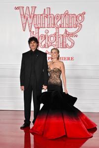 Jacob Elordi and Margot Robbie at the "Wuthering Heights" World Premiere held at the TCL Chinese Theatre on January 28, 2026 in Los Angeles, California.