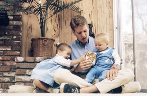 Ryan O'Neal, at home with his daughter Tatum O'Neal (left) and son Griffin O'Neal, 1966 (photo by Gene Trindl)