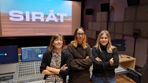 The all female sound team of 'Sirāt' in front of the board on their mixing stage.
