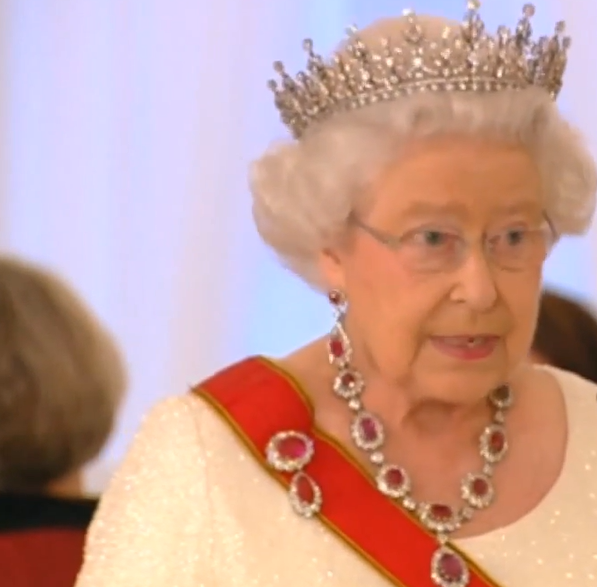 Queen Elizabeth II had an answer ready for a top comic Queen Elizabeth II wearing a diamond tiara and a ruby and diamond necklace and brooch