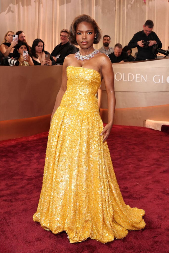Ryan Destiny, Ryan Destiny Balenciaga, Balenciaga Golden Globe Awards, 2026 Golden Globe Awards red carpet, Balenciaga sculpted gown, Ryan Destiny red carpet