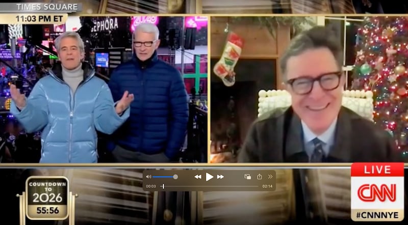 Cohen (L) and Cooper kept the party spirit going with a two-way from chat show host Stephen Colbert's home.