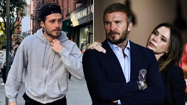 Brooklyn Beckham in a grey hoodie and David and Victoria Beckham in a separate photo