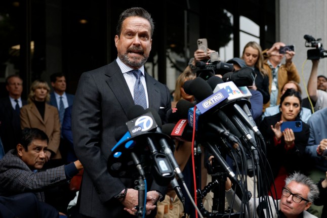 Defense attorney Alan Jackson speaks to the press outside Los Angeles Superior Court where the arraignment of Nick Reiner, son of the late film director Rob Reiner, on double murder charges was continued until January 7, 2026, on December 17, 2025 in Los Angeles, California. The son of famed Hollywood director Rob Reiner was charged with two counts of first-degree murder over the brutal slaying of his parents, the chief prosecutor of Los Angeles said on December 16. (Photo by Caroline BREHMAN / AFP via Getty Images)